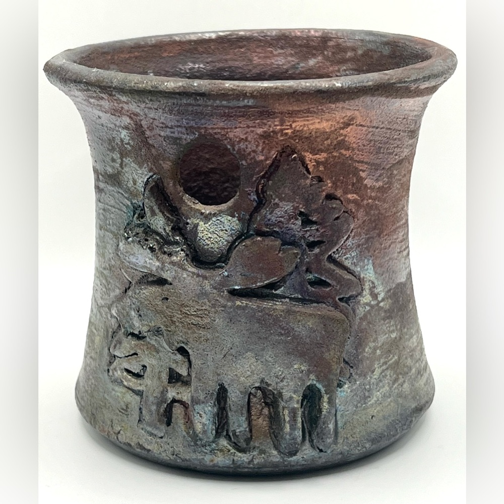 Raku Studio Art Pottery Handmade Candle Holder Vase Moose Fir Trees Winter 4 in